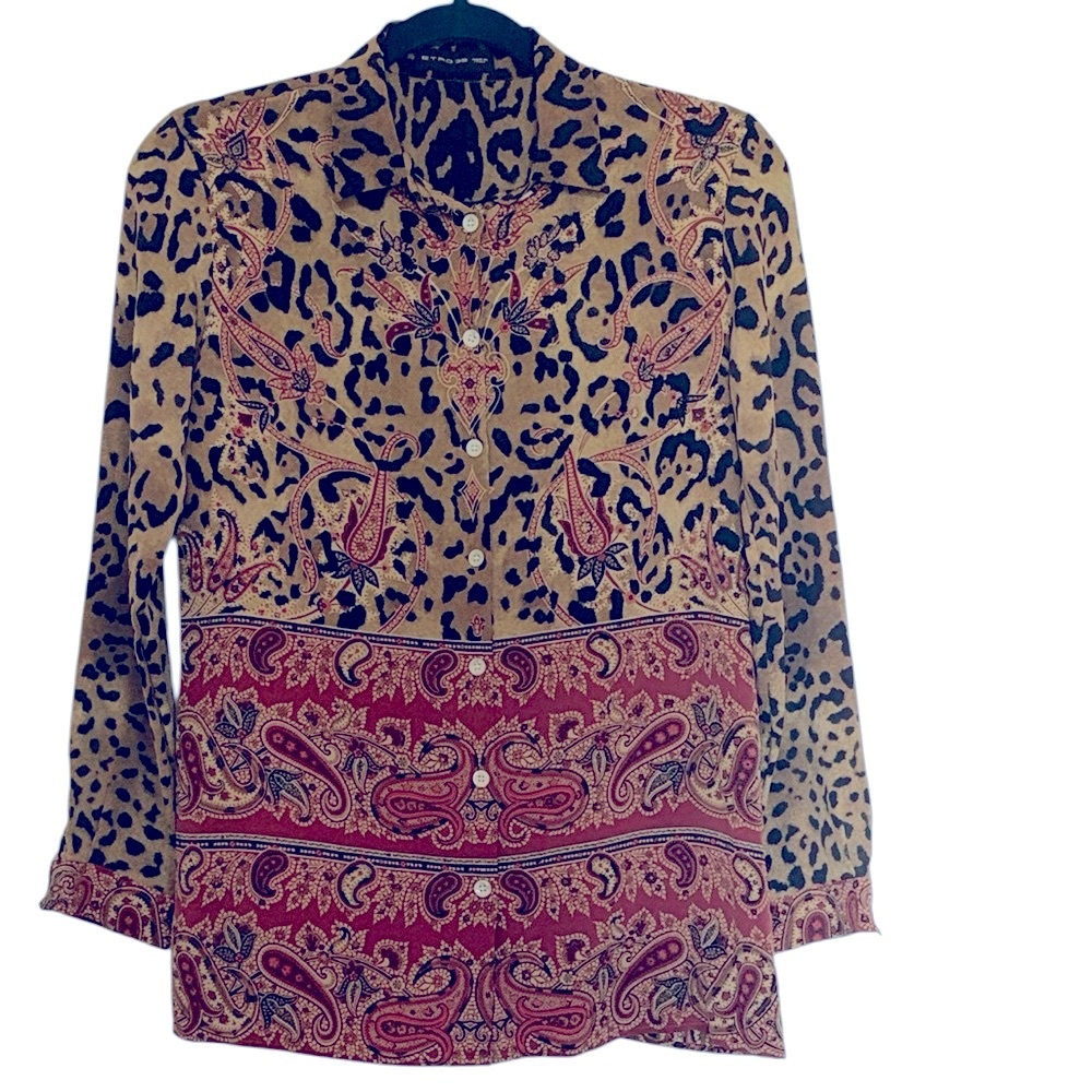 Etro  100% Silk paisley and leopard print button front top/blouse, size 38=US S
